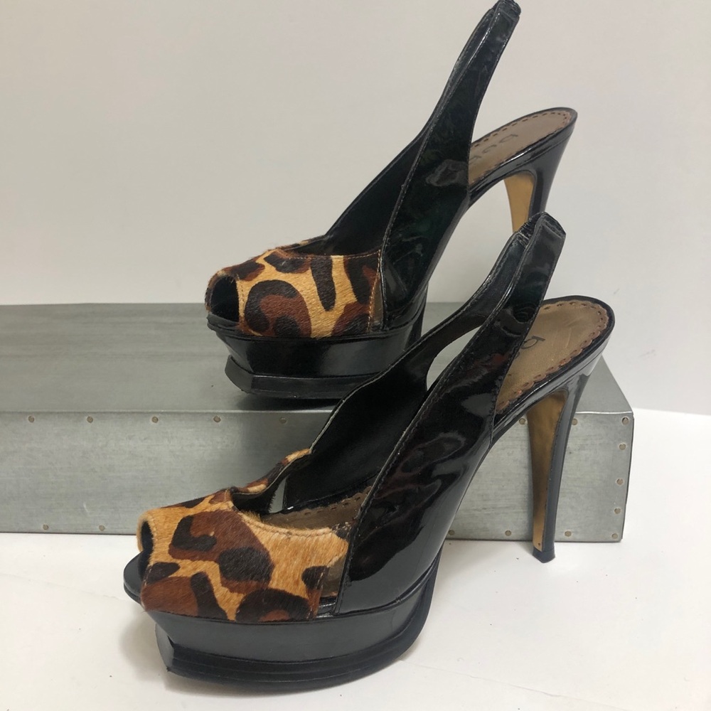 Bebe Leopard Platform Sling Back Stilettos Patented Leather Sz 5